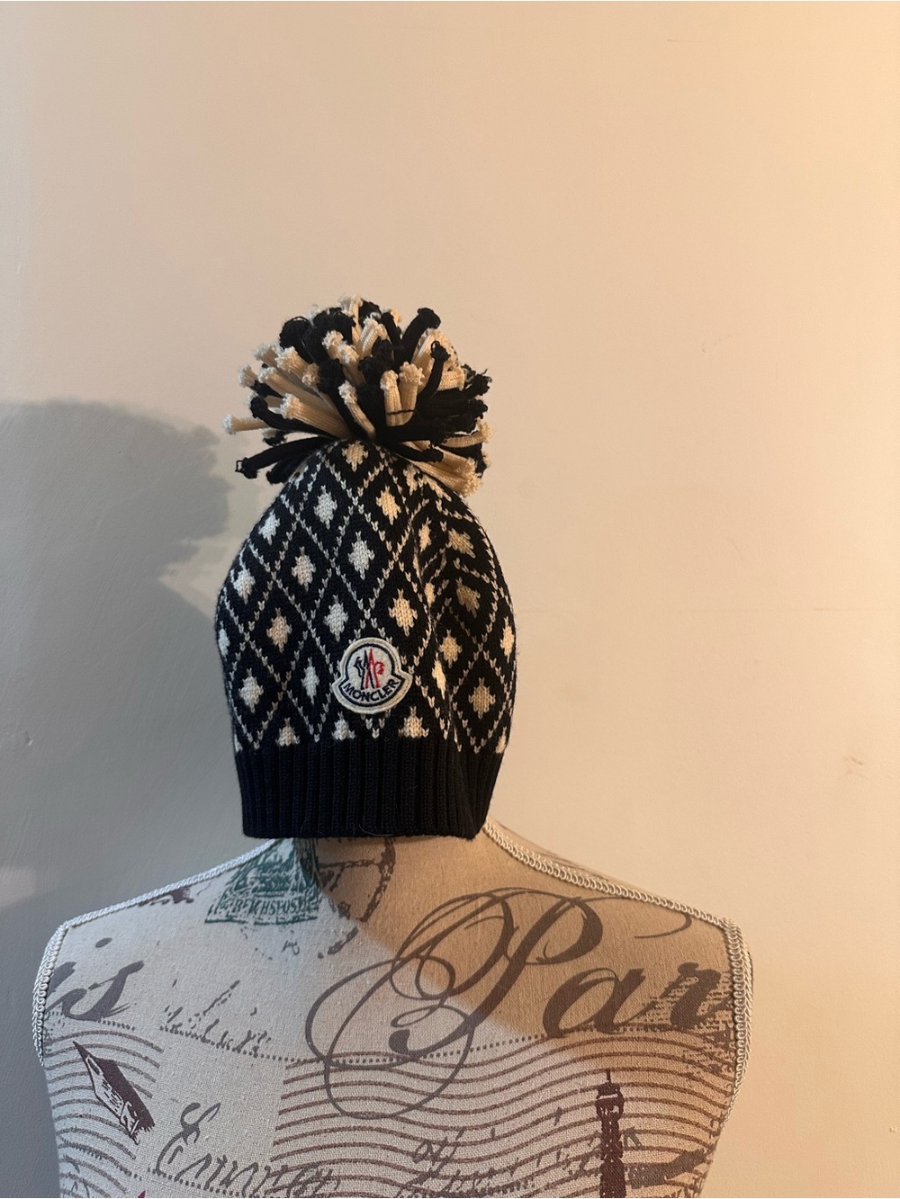 Moncler Black & Cream Diamond Pom Beanie